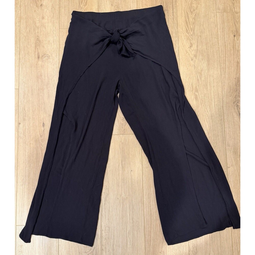 Kona Sol Black High Rise Tied-Front Draped Side Slit Wide Leg Pants Swim Size XL